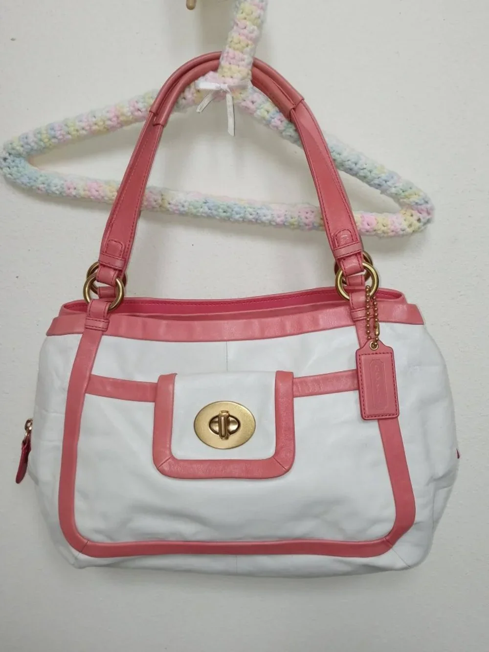 Coach Cricket Satchel Purse White & Coral Pink Bag Y2K Vintage